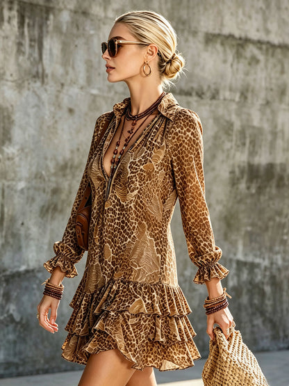 Vacation Retro Brown Chiffon Leopard Print Long-Sleeved Ruffle Mini Dress