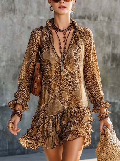 Vacation Retro Brown Chiffon Leopard Print Long-Sleeved Ruffle Mini Dress
