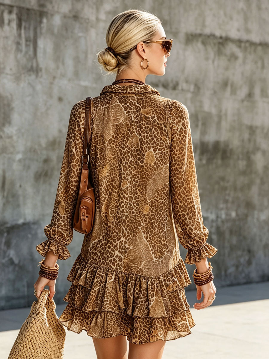 Vacation Retro Brown Chiffon Leopard Print Long-Sleeved Ruffle Mini Dress