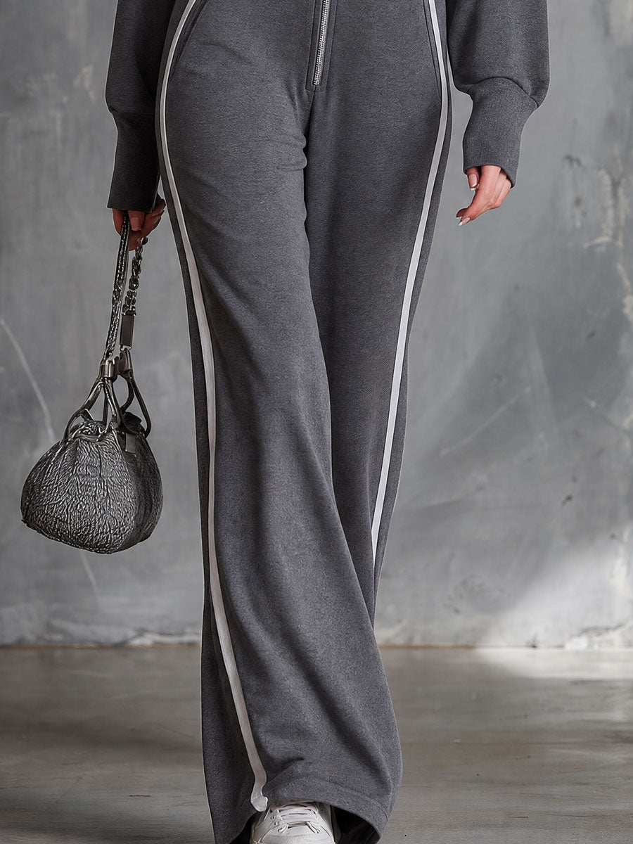 Casual Retro Gray Hooded Zip-up Long-sleeved Cotton Jumpsuit