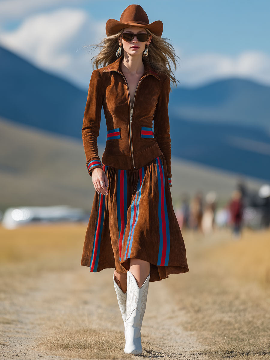 Western-style Retro Striped Dark Brown Faux Suede Long-sleeved Midi Dress
