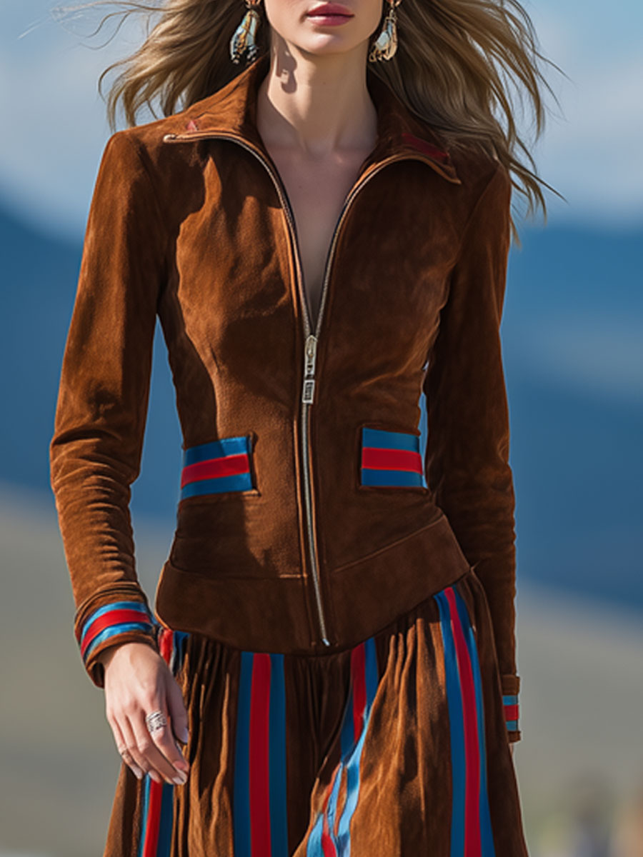 Western-style Retro Striped Dark Brown Faux Suede Long-sleeved Midi Dress