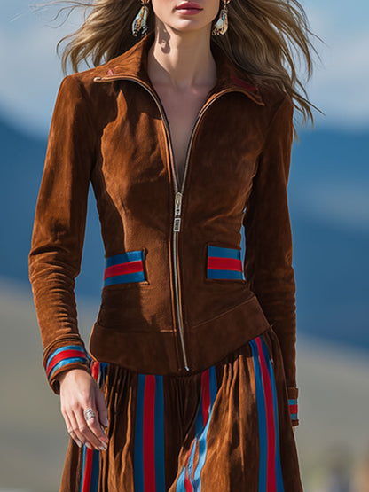 Western-style Retro Striped Dark Brown Faux Suede Long-sleeved Midi Dress