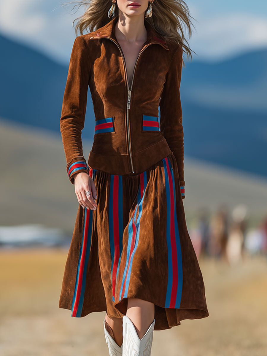Western-style Retro Striped Dark Brown Faux Suede Long-sleeved Midi Dress