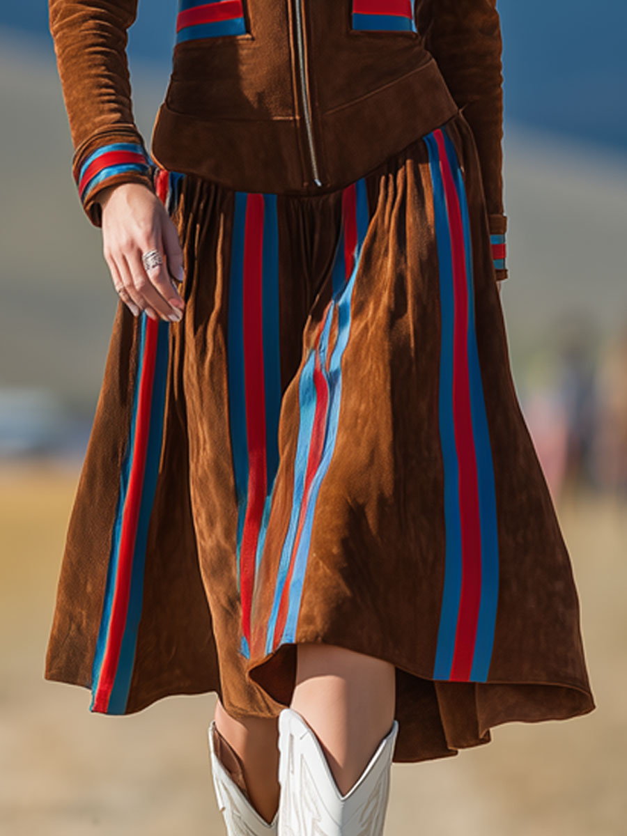 Western-style Retro Striped Dark Brown Faux Suede Long-sleeved Midi Dress