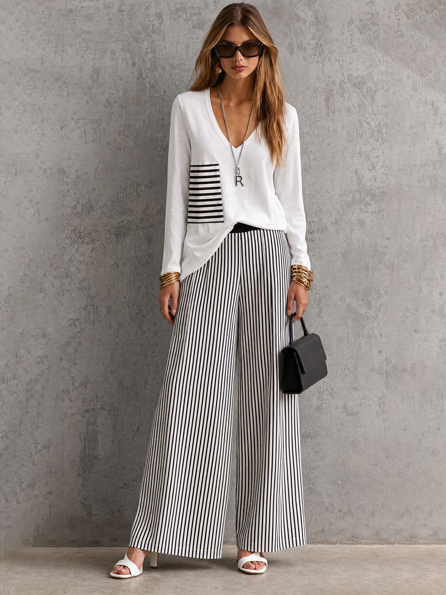 Casual Retro White Cotton T-shirt And Striped Pants Set