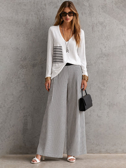 Casual Retro White Cotton T-shirt And Striped Pants Set