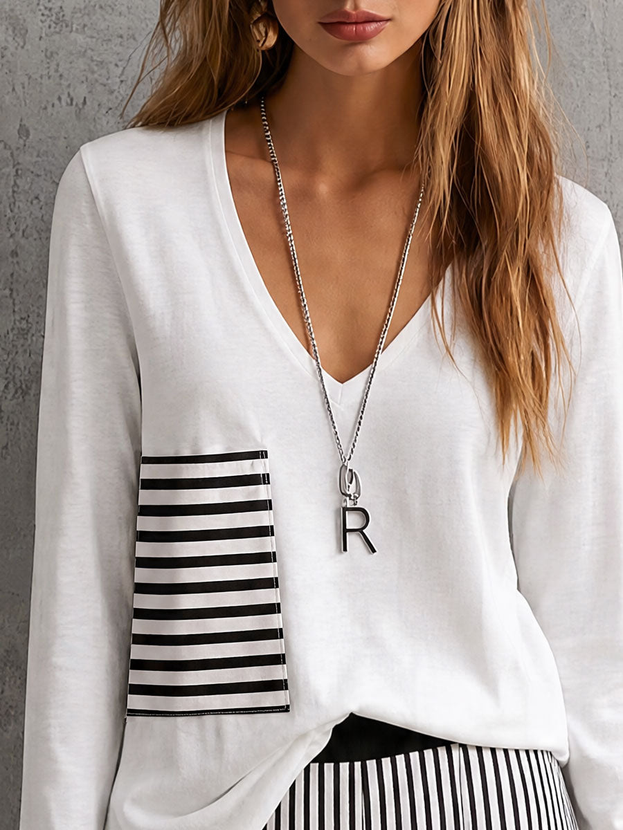 Casual Retro White Cotton T-shirt And Striped Pants Set