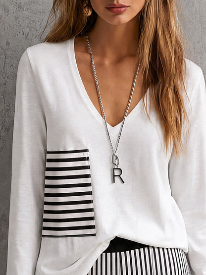 Casual Retro White Cotton T-shirt And Striped Pants Set
