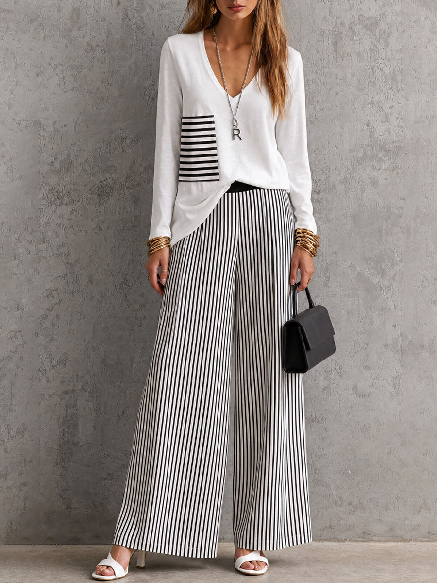 Casual Retro White Cotton T-shirt And Striped Pants Set