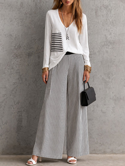 Casual Retro White Cotton T-shirt And Striped Pants Set
