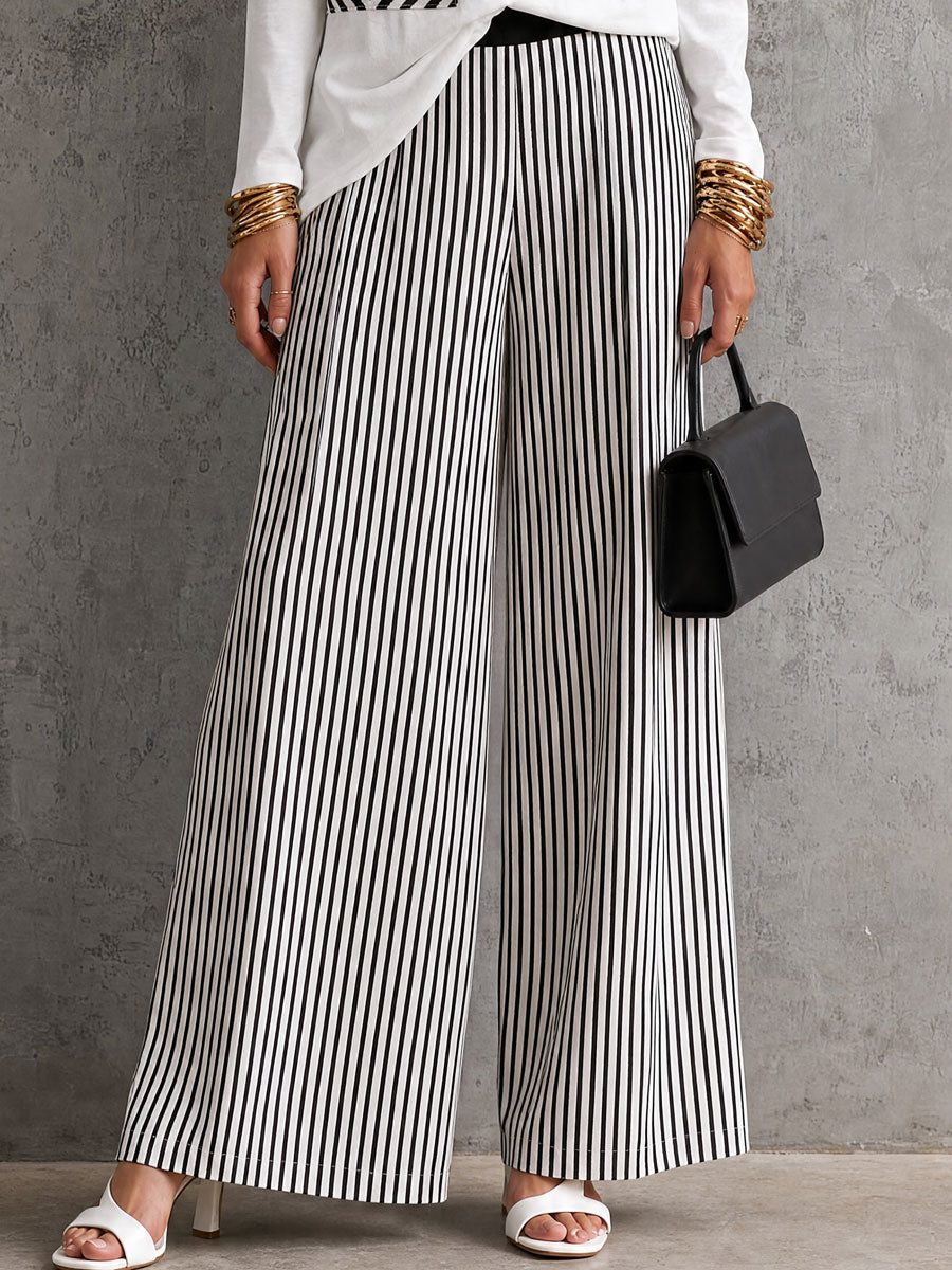 Casual Retro White Cotton T-shirt And Striped Pants Set