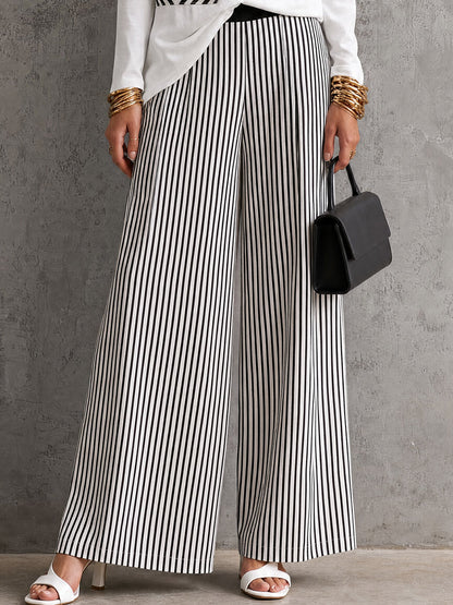 Casual Retro White Cotton T-shirt And Striped Pants Set