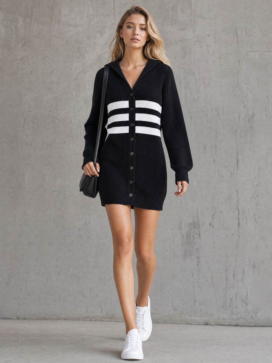 Casual Retro Color-blocked Striped Black Hooded V-neck Long-sleeved Knit Mini Dress