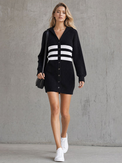 Casual Retro Color-blocked Striped Black Hooded V-neck Long-sleeved Knit Mini Dress