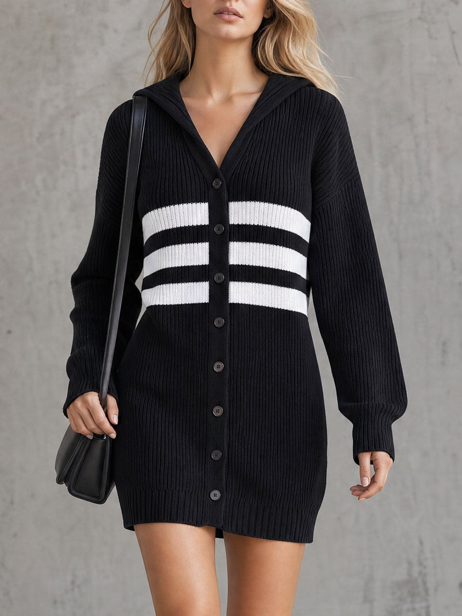 Casual Retro Color-blocked Striped Black Hooded V-neck Long-sleeved Knit Mini Dress