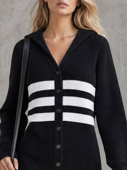 Casual Retro Color-blocked Striped Black Hooded V-neck Long-sleeved Knit Mini Dress
