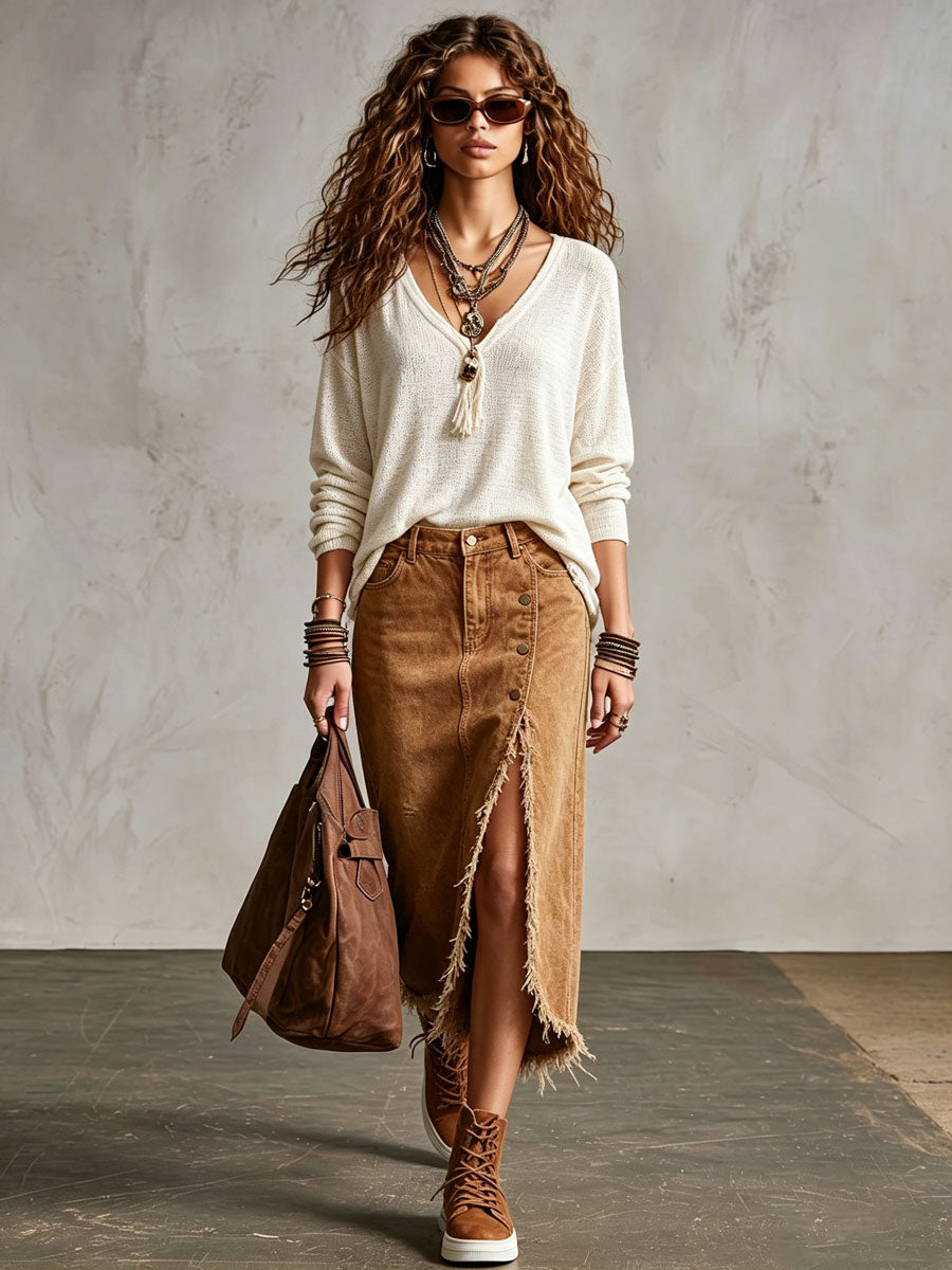 Western Retro Camel Denim Frayed Slit Skirt