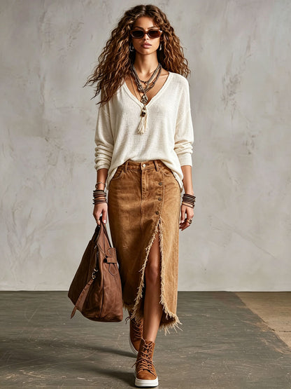 Western Retro Camel Denim Frayed Slit Skirt
