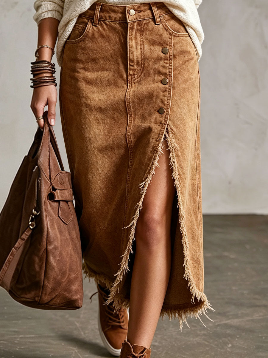 Western Retro Camel Denim Frayed Slit Skirt
