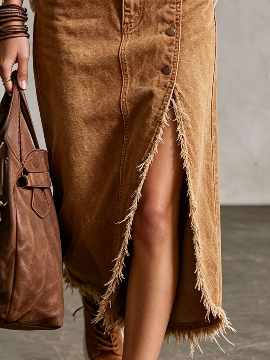 Western Retro Camel Denim Frayed Slit Skirt