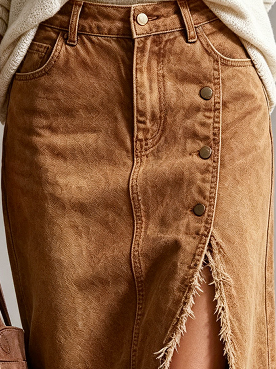 Western Retro Camel Denim Frayed Slit Skirt