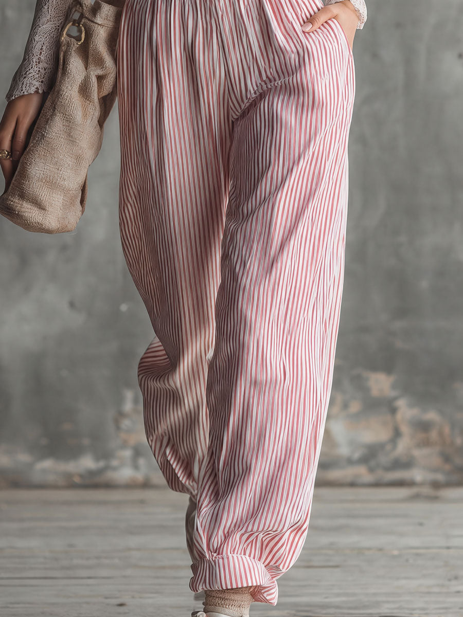 Casual Retro Red And White Striped Cotton Overalls