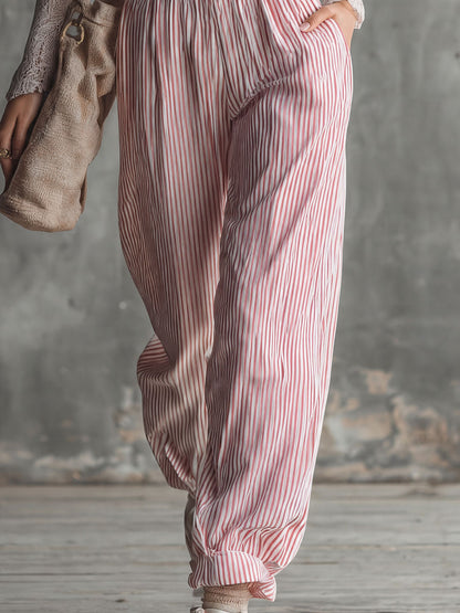 Casual Retro Red And White Striped Cotton Overalls