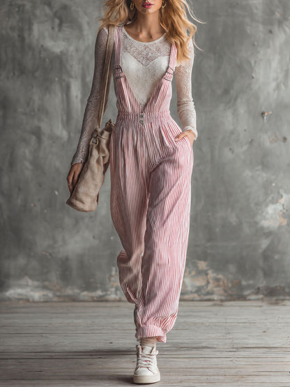Casual Retro Red And White Striped Cotton Overalls