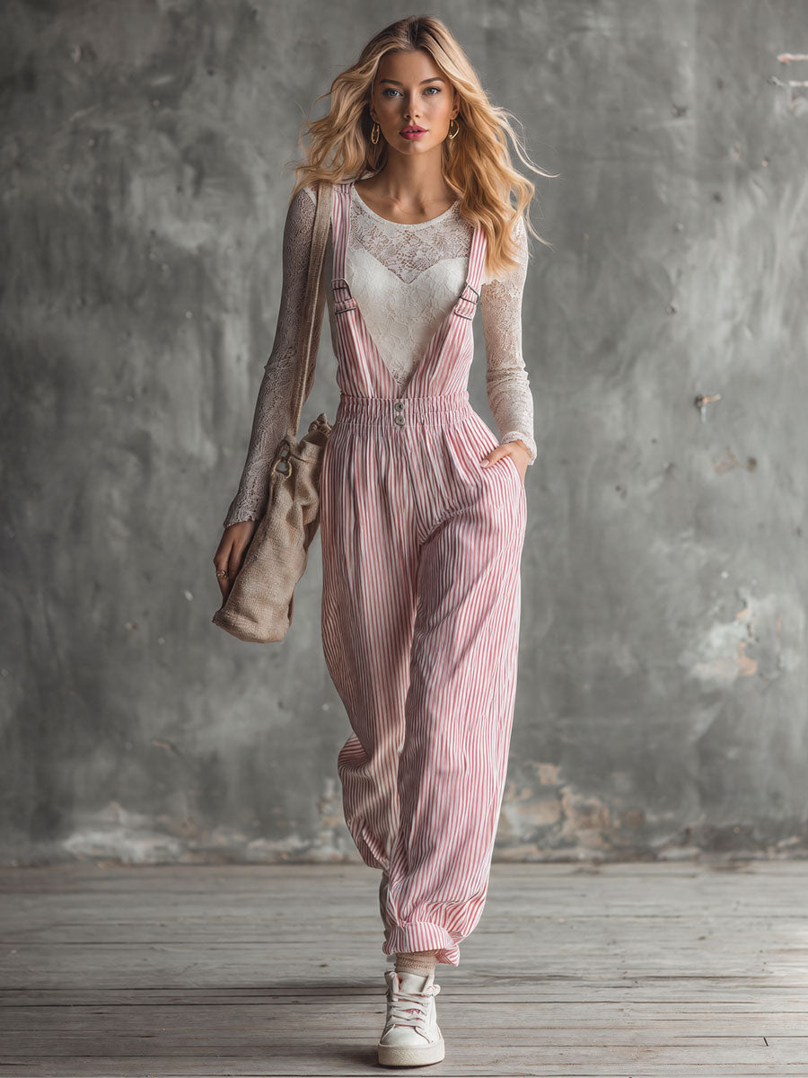 Casual Retro Red And White Striped Cotton Overalls