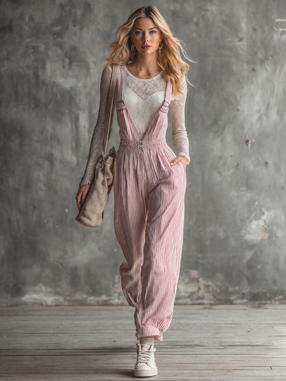 Casual Retro Red And White Striped Cotton Overalls