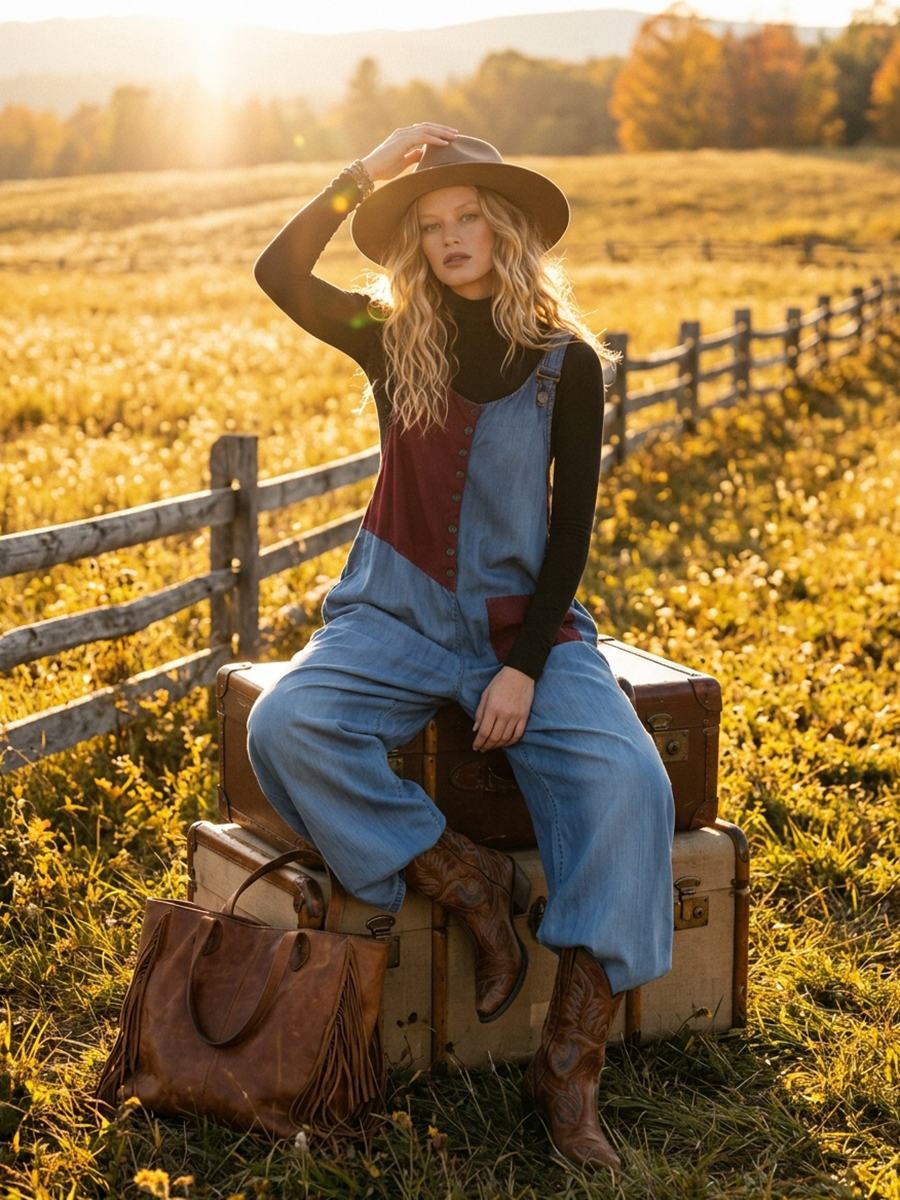 Retro Red-blue Contrast-color Paneled Button-front Loose Denim Overalls