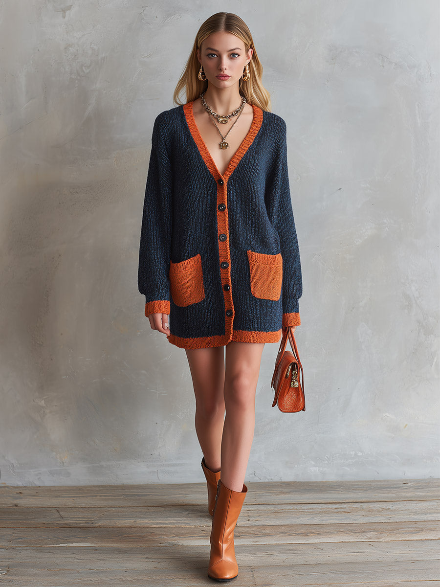 Retro Urban Color-Block Trim Navy Single-Breasted Knit Mini Dress