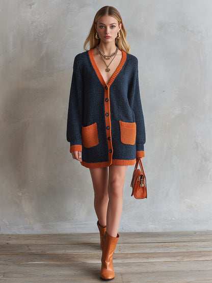 Retro Urban Color-Block Trim Navy Single-Breasted Knit Mini Dress