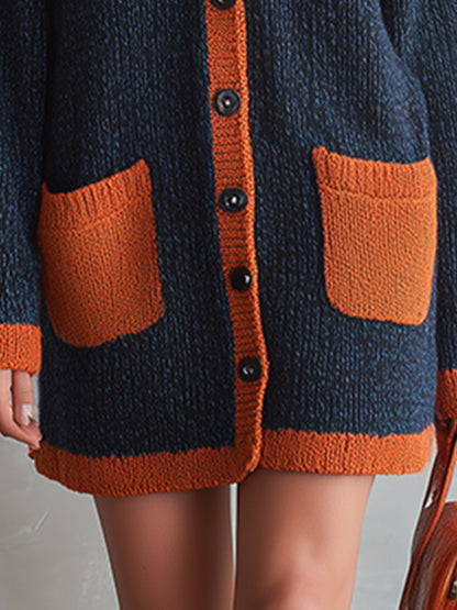 Retro Urban Color-Block Trim Navy Single-Breasted Knit Mini Dress