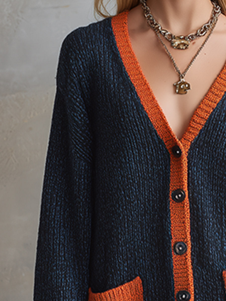 Retro Urban Color-Block Trim Navy Single-Breasted Knit Mini Dress