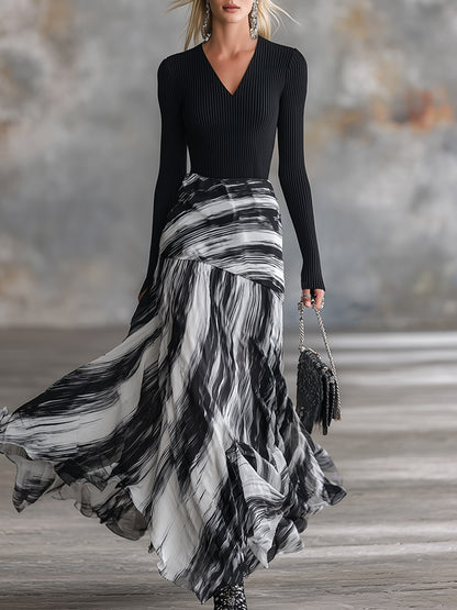 Elegant Party Black Knit Top and Abstract-Stripe Chiffon Skirt Set