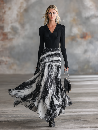 Elegant Party Black Knit Top and Abstract-Stripe Chiffon Skirt Set