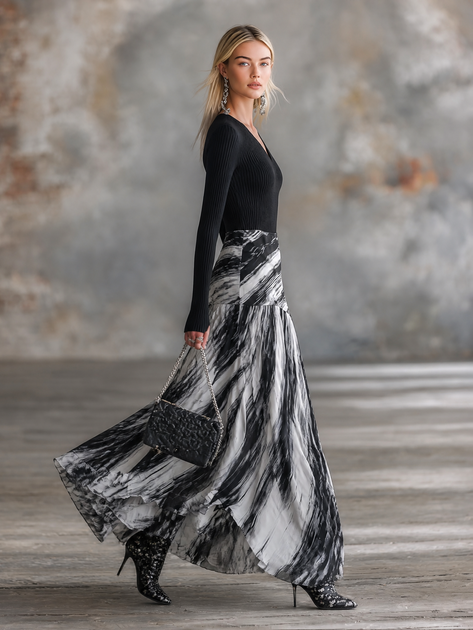 Elegant Party Black Knit Top and Abstract-Stripe Chiffon Skirt Set