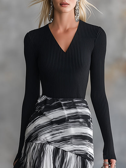 Elegant Party Black Knit Top and Abstract-Stripe Chiffon Skirt Set