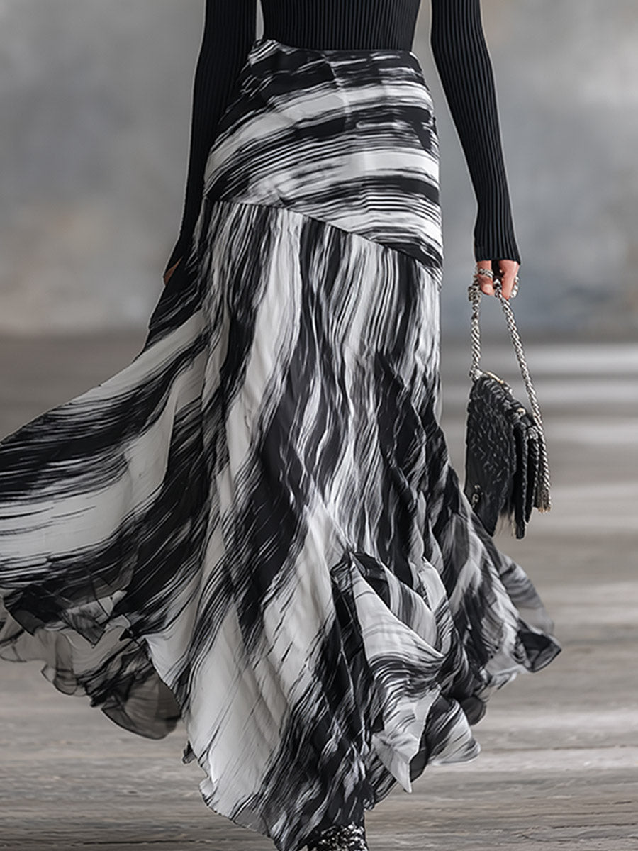 Elegant Party Black Knit Top and Abstract-Stripe Chiffon Skirt Set