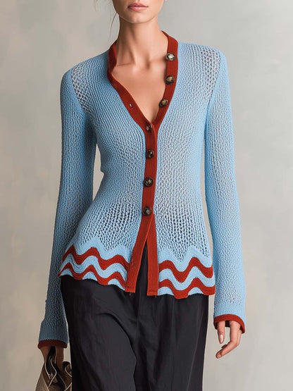 Retro Blue Rust Color-Block V-Neck Pointelle Knit Button Cardigan