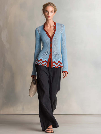Retro Blue Rust Color-Block V-Neck Pointelle Knit Button Cardigan