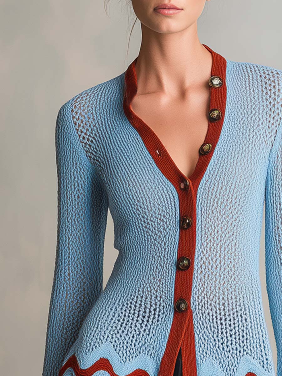 Retro Blue Rust Color-Block V-Neck Pointelle Knit Button Cardigan