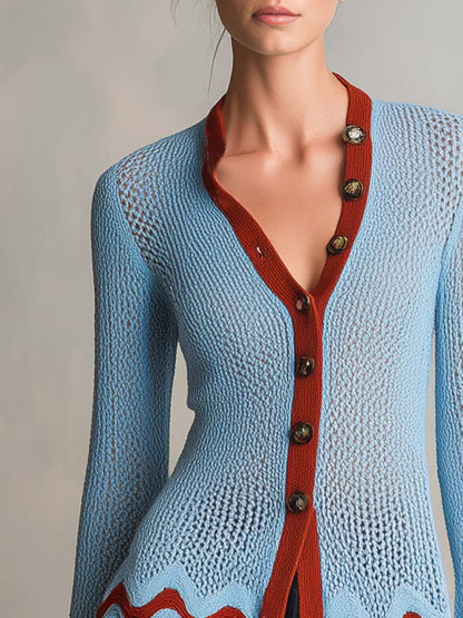 Retro Blue Rust Color-Block V-Neck Pointelle Knit Button Cardigan