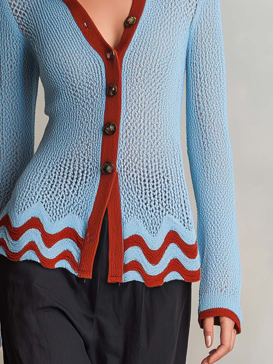 Retro Blue Rust Color-Block V-Neck Pointelle Knit Button Cardigan