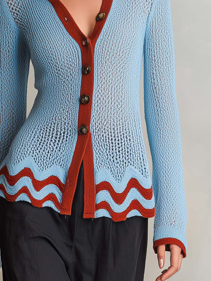 Retro Blue Rust Color-Block V-Neck Pointelle Knit Button Cardigan