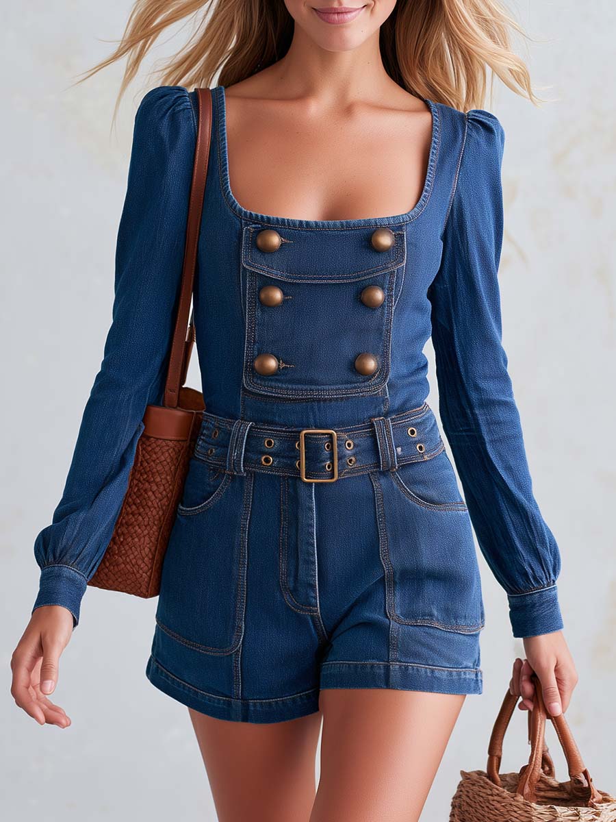 Retro Western Denim Square-Neck Puff-Sleeve Double-Breasted Belted Romper Playsuit