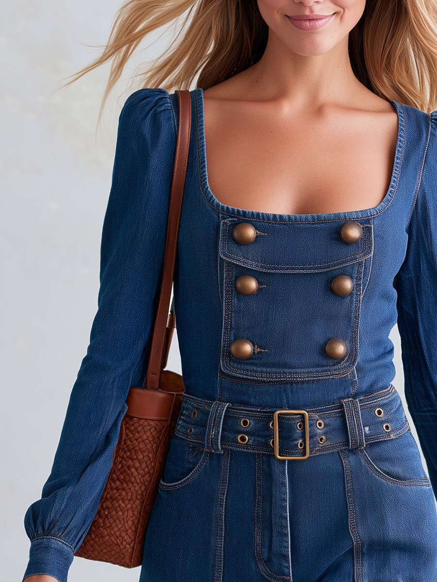 Retro Western Denim Square-Neck Puff-Sleeve Double-Breasted Belted Romper Playsuit