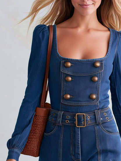 Retro Western Denim Square-Neck Puff-Sleeve Double-Breasted Belted Romper Playsuit
